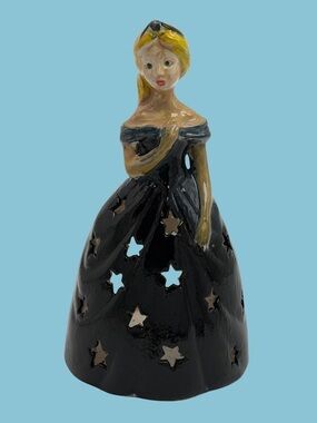 ⭐🕯️👑 Black Star-Cut Ceramic Princess Figurine Candle Lantern 👑🕯️⭐